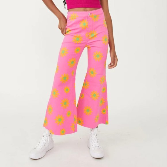 Free People Denim - 63) NWT Free People YouthQuake Pink Orange Floral Printed Crop Hipster Jeans